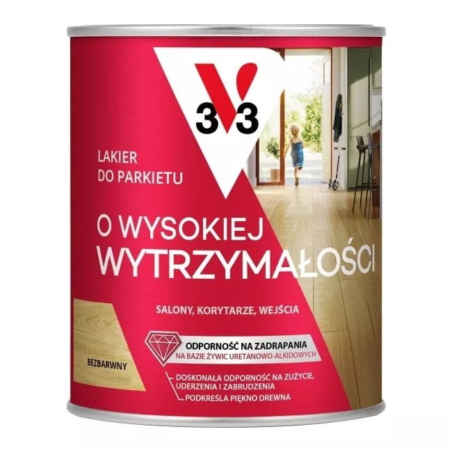 V33 Lakier do parkietu o wysokiej wytrzymałości bezbarwny satyna 0,75L