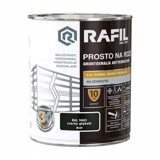 Farba RAFIL Prosto na Rdzę czarny głęboki RAL 9005 mat 0,75l
