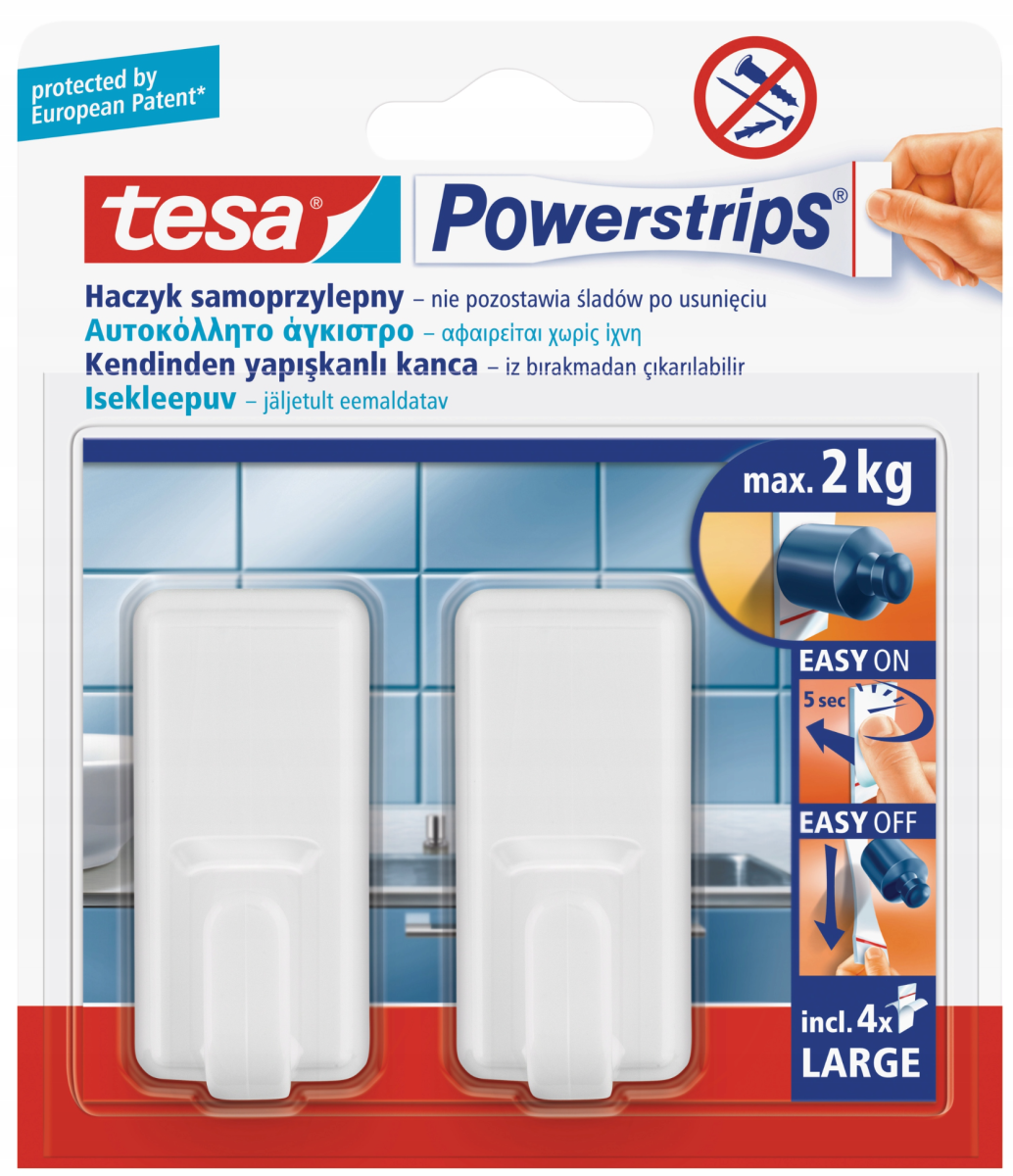 TESA PowerStrips Haczyki samoprzylepne prostokątne białe 2szt. do 2kg