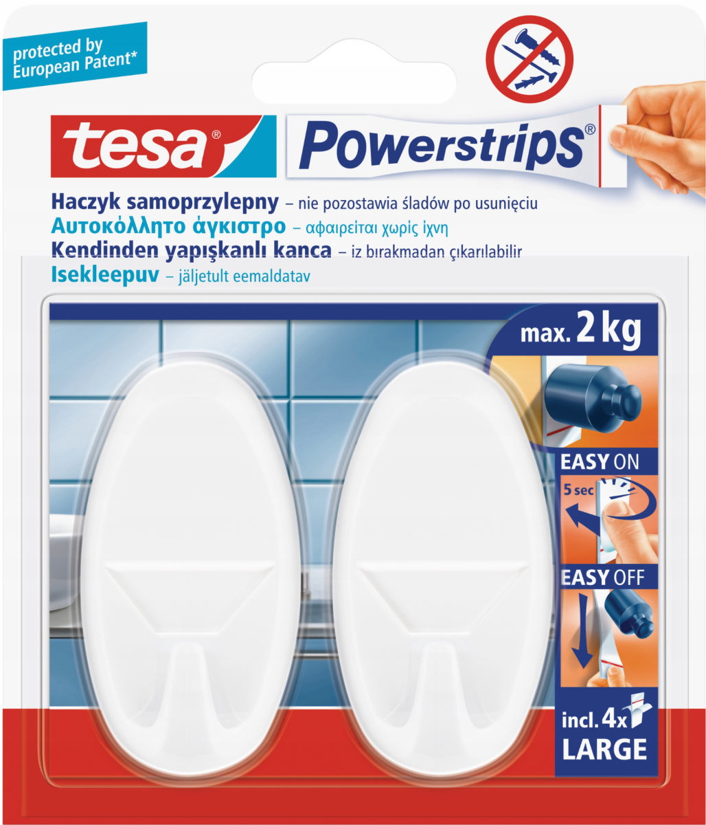 TESA PowerStrips Haczyki owalne samoprzylepne białe 2szt. do 2kg