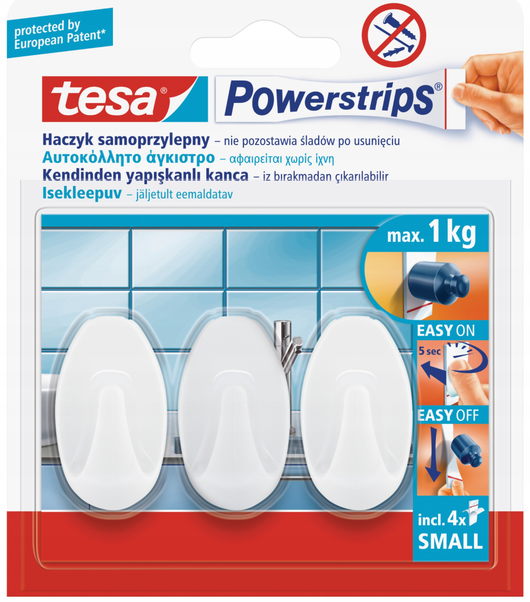 TESA PowerStrips Haczyki owalne samoprzylepne białe 3szt. do 1kg