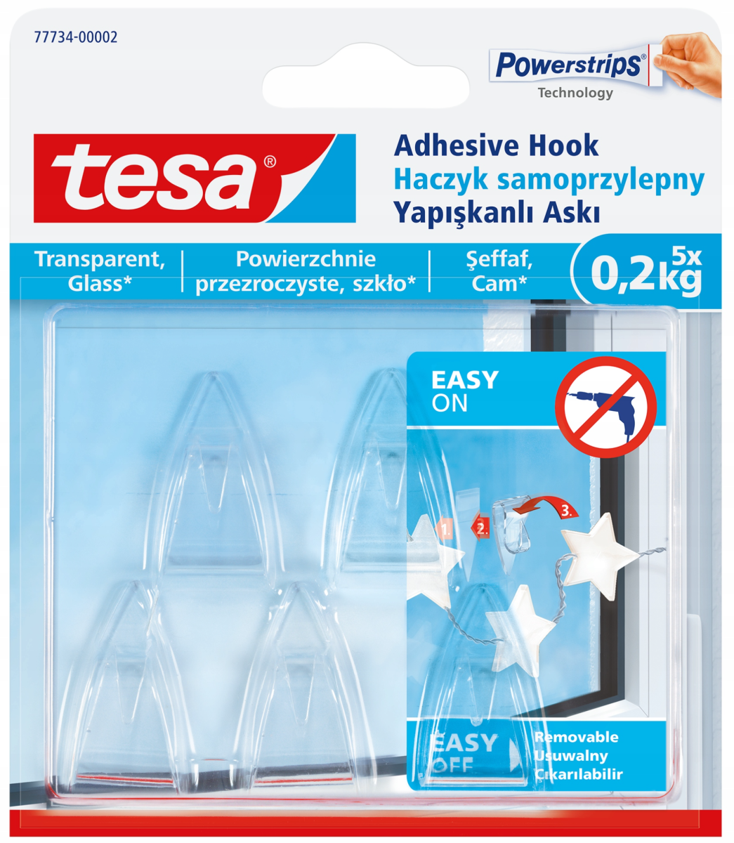 TESA 77734 PowerStrips Haczyki samoprzylepne do ozdób przezroczyste 5szt. do 200g &&&