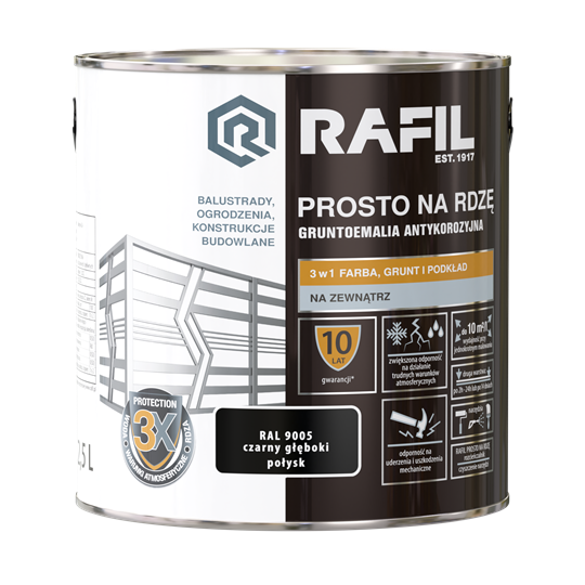 Farba RAFIL Prosto na Rdzę czarny głęboki RAL 9005 połysk 2,5l