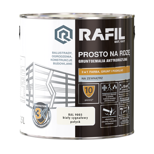 Farba RAFIL Prosto na Rdzę biały sygnałowy RAL 9003 połysk 2,5l