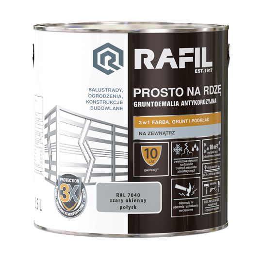 Farba RAFIL Prosto na Rdzę szary okienny RAL 7040 połysk 2,5l