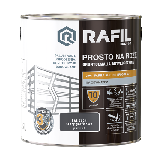 Farba RAFIL Prosto na Rdzę szary grafitowy RAL 7024 półmat 2,5l
