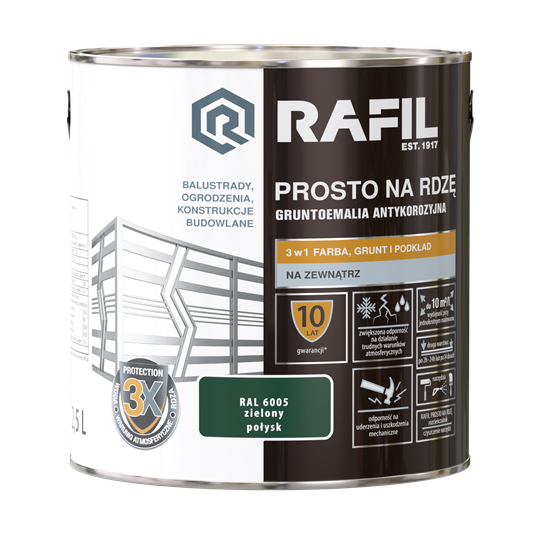 Farba RAFIL Prosto na Rdzę zielony RAL 6005 połysk 2,5l