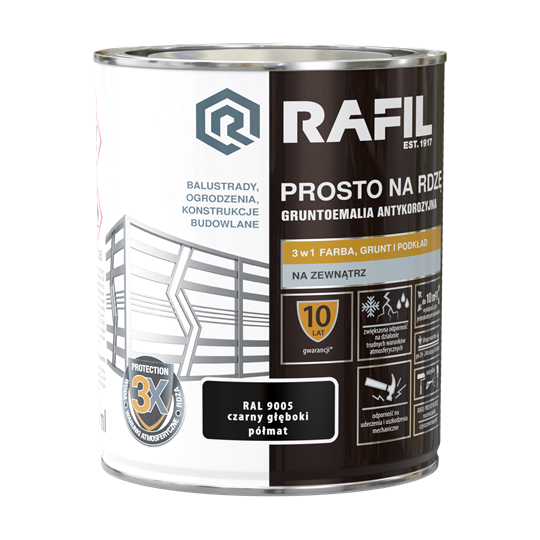 Farba RAFIL Prosto na Rdzę czarny głęboki RAL 9005 półmat 0,75l