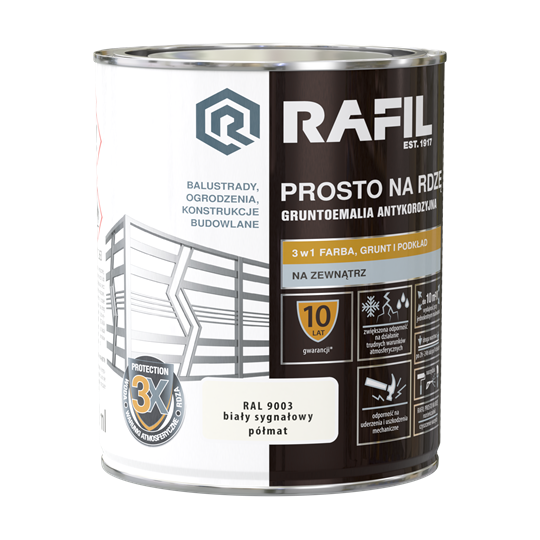 Farba RAFIL Prosto na Rdzę biały sygnałowy RAL 9003 półmat 0,75l