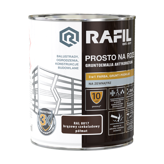 Farba RAFIL Prosto na Rdzę brązowy czekoladowy RAL 8017 półmat 0,75l