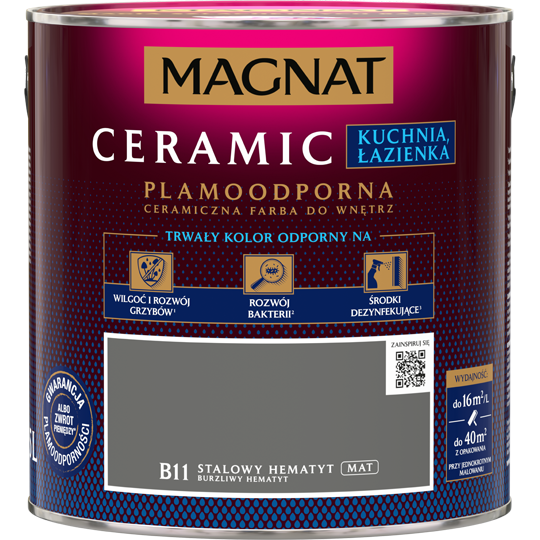 MAGNAT Ceramic Farba plamoodporna Kuchnia Łazienka grafitowoszara B11 stalowy hematyt mat 2,5L