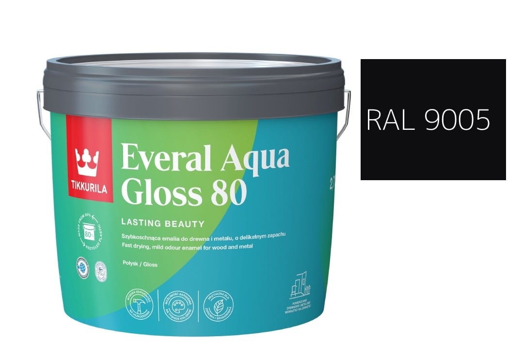 TIKKURILA Everal Aqua Gloss [80] 2,7l Połysk KOLOR CZARNY RAL 9005