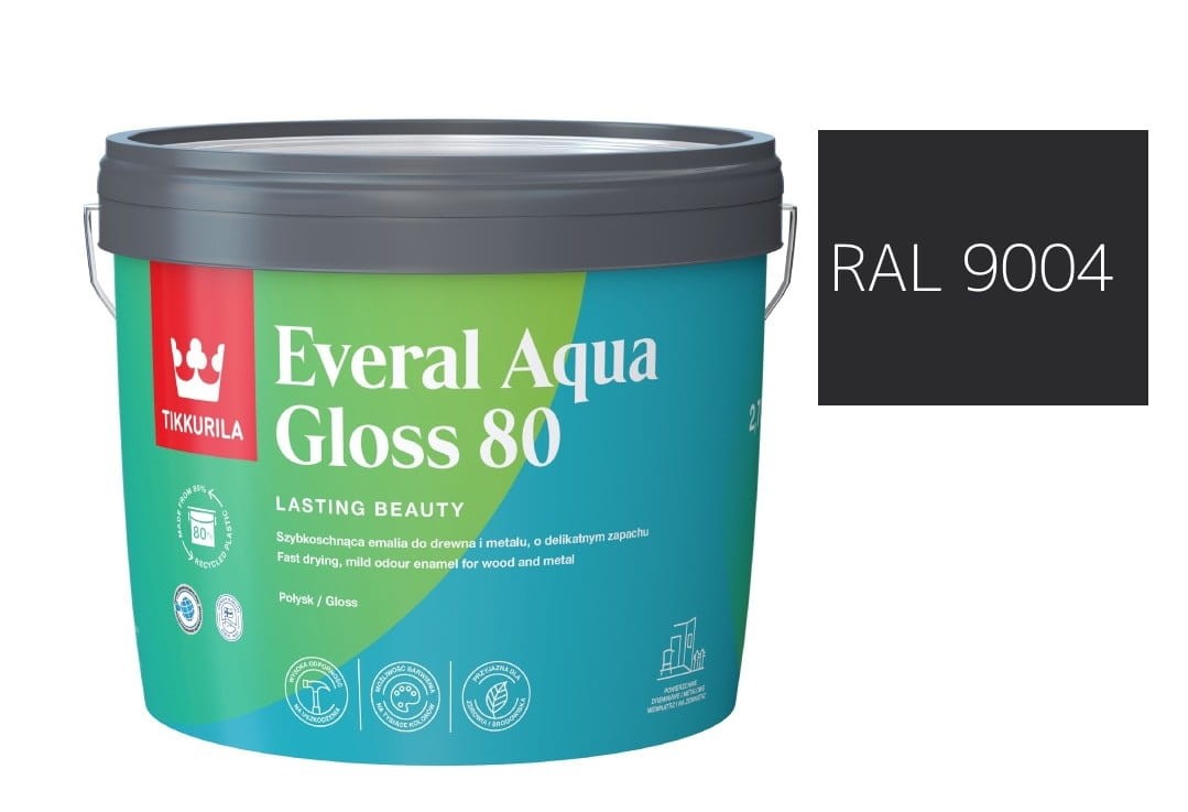 TIKKURILA Everal Aqua Gloss [80] 2,7l Połysk KOLOR CZARNY SYGNAŁOWY RAL 9004