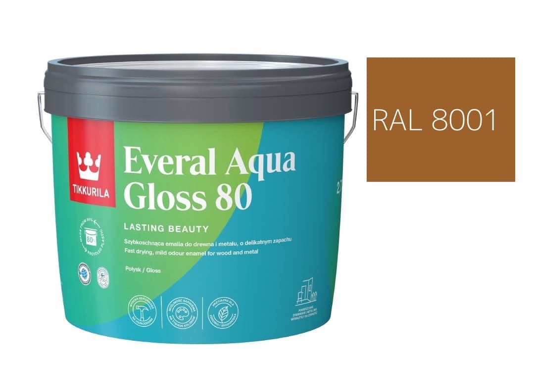 TIKKURILA Everal Aqua Gloss [80] 2,7l Połysk KOLOR ORZECH JASNY  RAL 8001