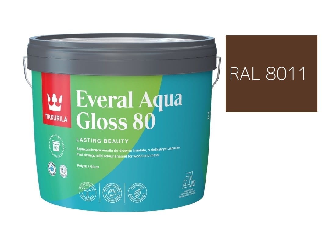 TIKKURILA Everal Aqua Gloss [80] 2,7l Połysk KOLOR BRĄZOWY ORZECHOWY RAL 8011