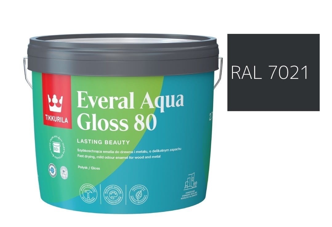 TIKKURILA Everal Aqua Gloss [80] 2,7l Połysk KOLOR SZARO CZARNY RAL 7021