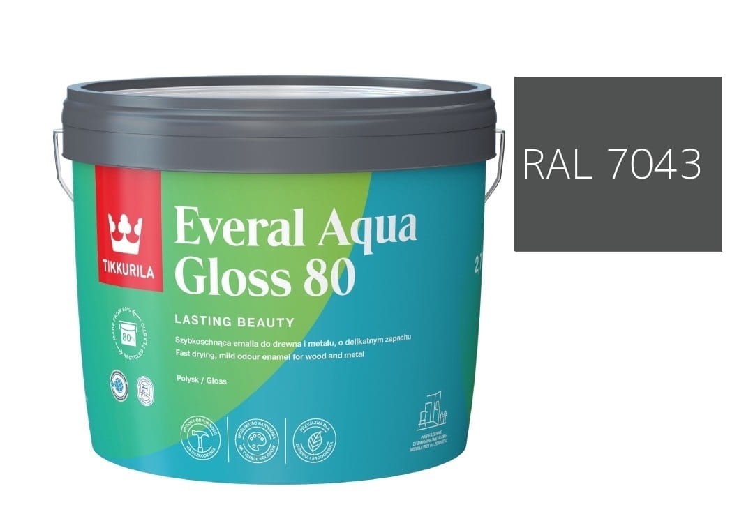 TIKKURILA Everal Aqua Gloss [80] 2,7l Połysk KOLOR SZARY CIEMNY RAL 7043