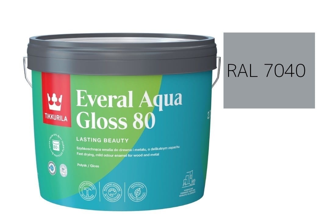 TIKKURILA Everal Aqua Gloss [80] 2,7l Połysk KOLOR SZARY OKIENNY RAL 7040