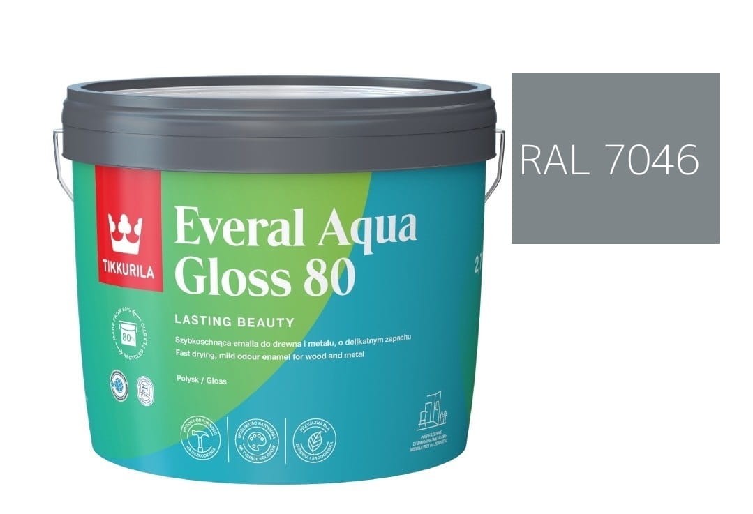 TIKKURILA Everal Aqua Gloss [80] 2,7l Połysk KOLOR SZARY JASNY RAL 7046