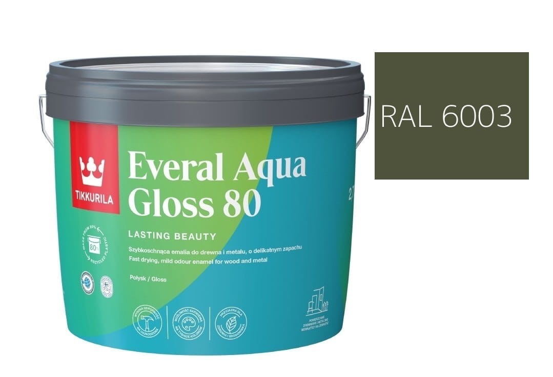 TIKKURILA Everal Aqua Gloss [80] 2,7l Połysk KOLOR ZIELONY OLIWKOWY  RAL 6003