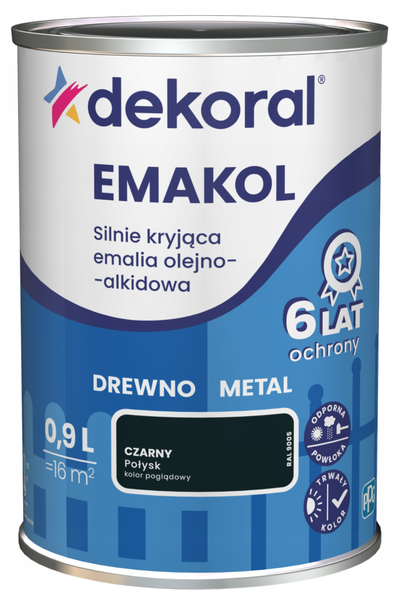 DEKORAL Emakol Strong emalia do drewna i metalu 0,9l Czarny
