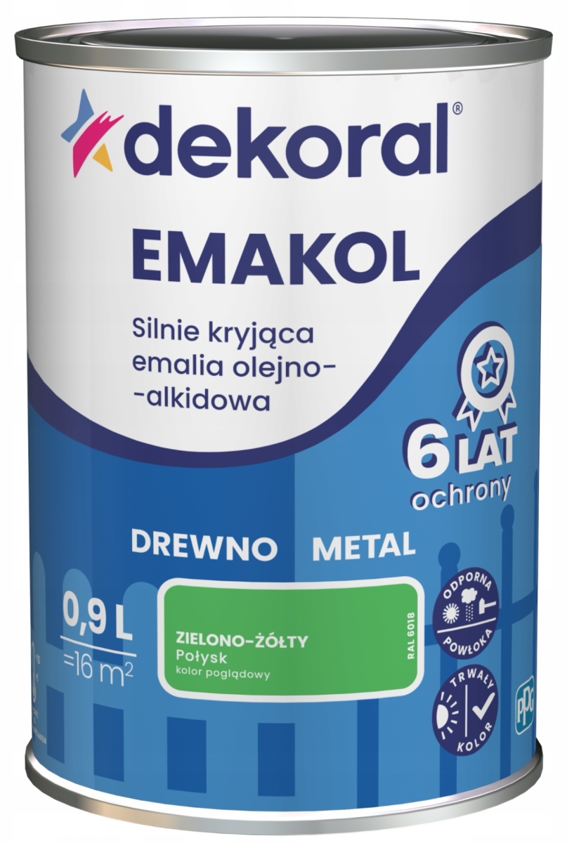 DEKORAL Emakol Strong emalia do drewna i metalu 0,9l Zielono-Żółty