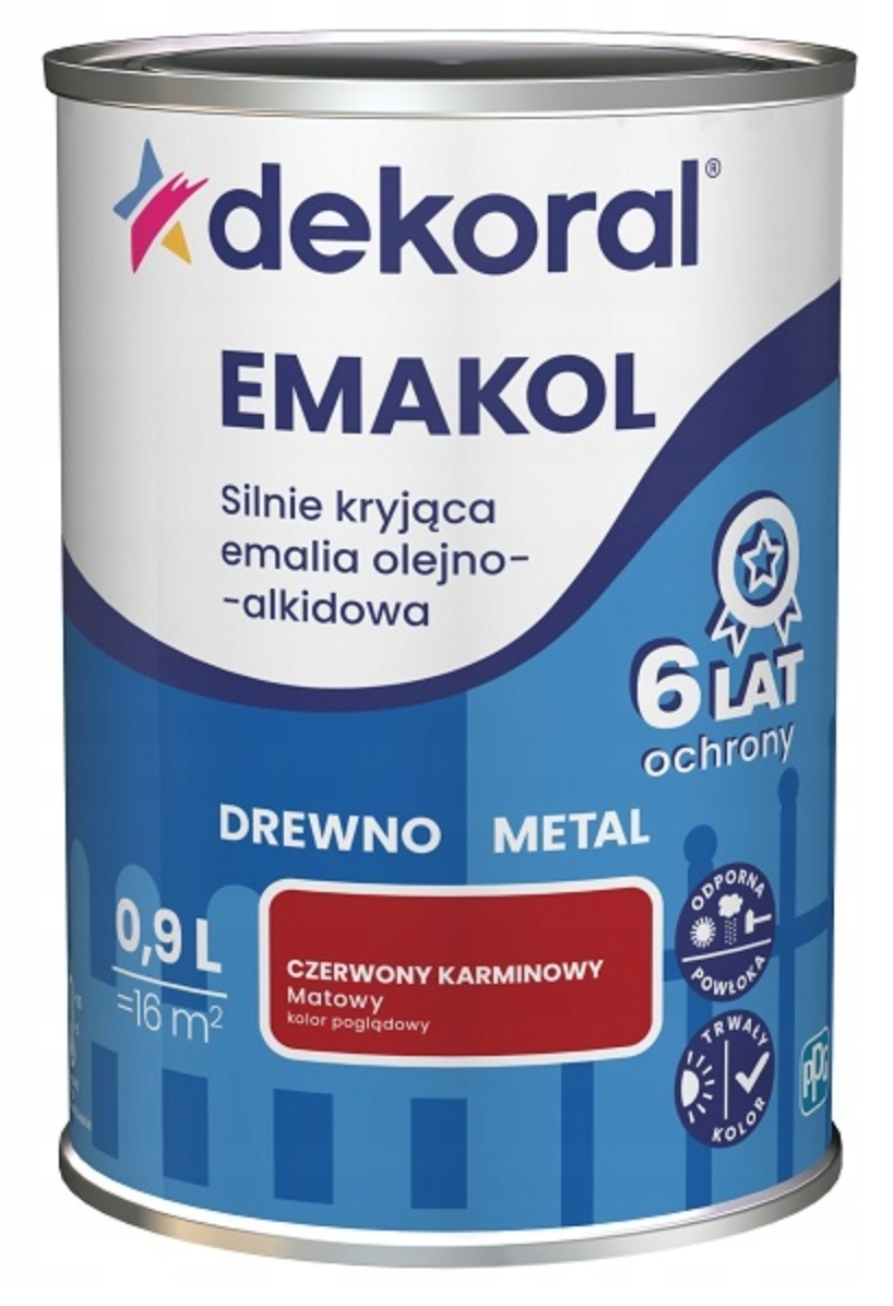 DEKORAL Emakol Strong emalia do drewna i metalu 0,9l Czerwony Karminowy Mat