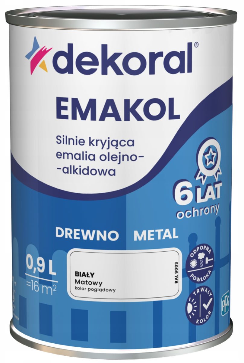 DEKORAL Emakol Strong emalia do drewna i metalu 0,9l Biały Mat