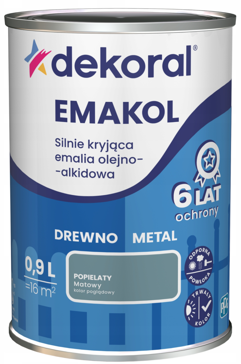DEKORAL Emakol Strong emalia do drewna i metalu 0,9l Popielaty Mat