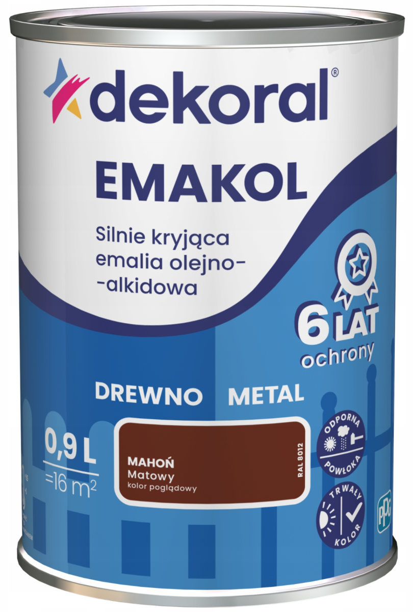 DEKORAL Emakol Strong emalia do drewna i metalu 0,9l Mahoń Mat
