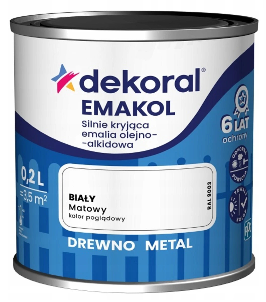 DEKORAL Emakol Strong emalia do drewna i metalu 0,2l Biały Mat