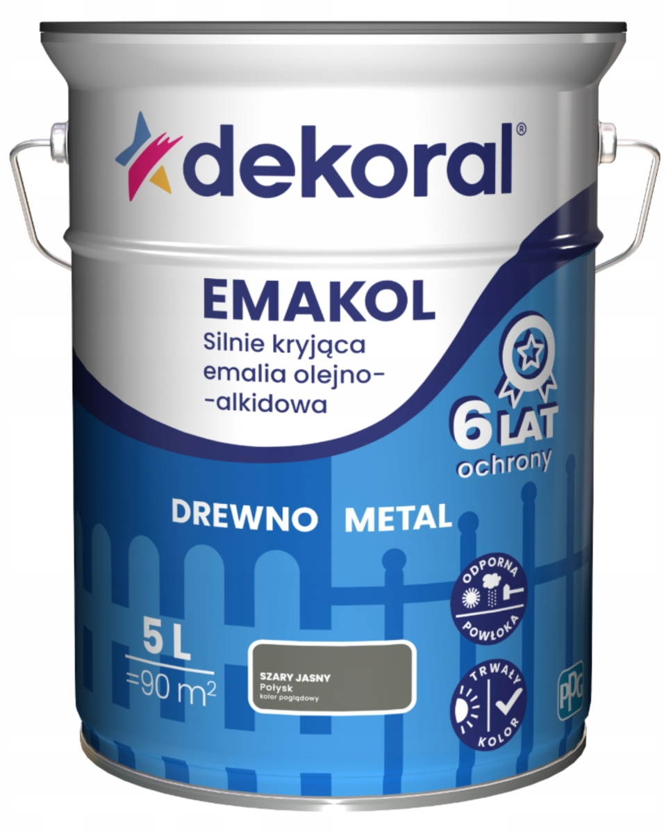 DEKORAL Emakol Strong emalia do drewna i metalu 5l Szary Jasny