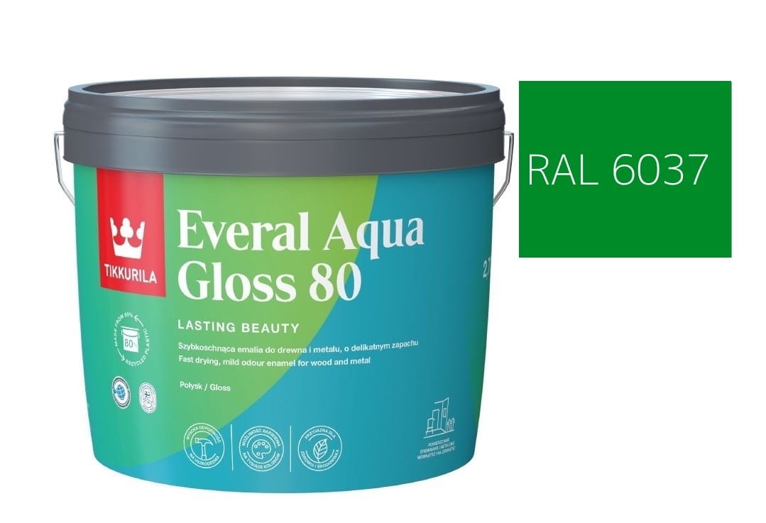 TIKKURILA Everal Aqua Gloss [80] 2,7l Połysk KOLOR ZIELONY CZYSTY RAL 6037