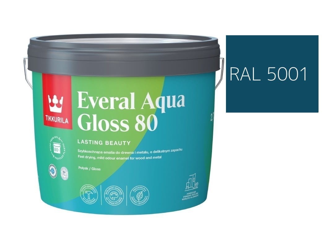 TIKKURILA Everal Aqua Gloss [80] 2,7l Połysk KOLOR NIEBIESKI TURKUSOWY RAL 5001