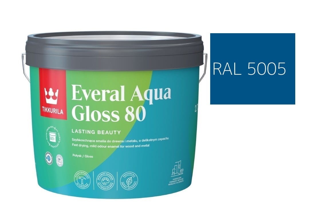 TIKKURILA Everal Aqua Gloss [80] 2,7l Połysk KOLOR NIEBIESKI SYGNAŁOWY RAL 5005