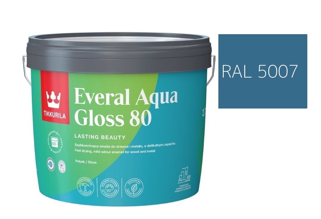 TIKKURILA Everal Aqua Gloss [80] 2,7l Połysk KOLOR NIEBIESKI BRYLANTOWY RAL 5007