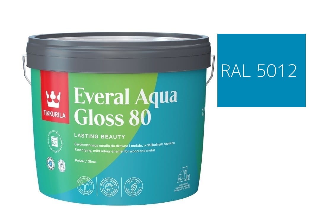 TIKKURILA Everal Aqua Gloss [80] 2,7l Połysk KOLOR NIEBIESKI JASNY RAL 5012