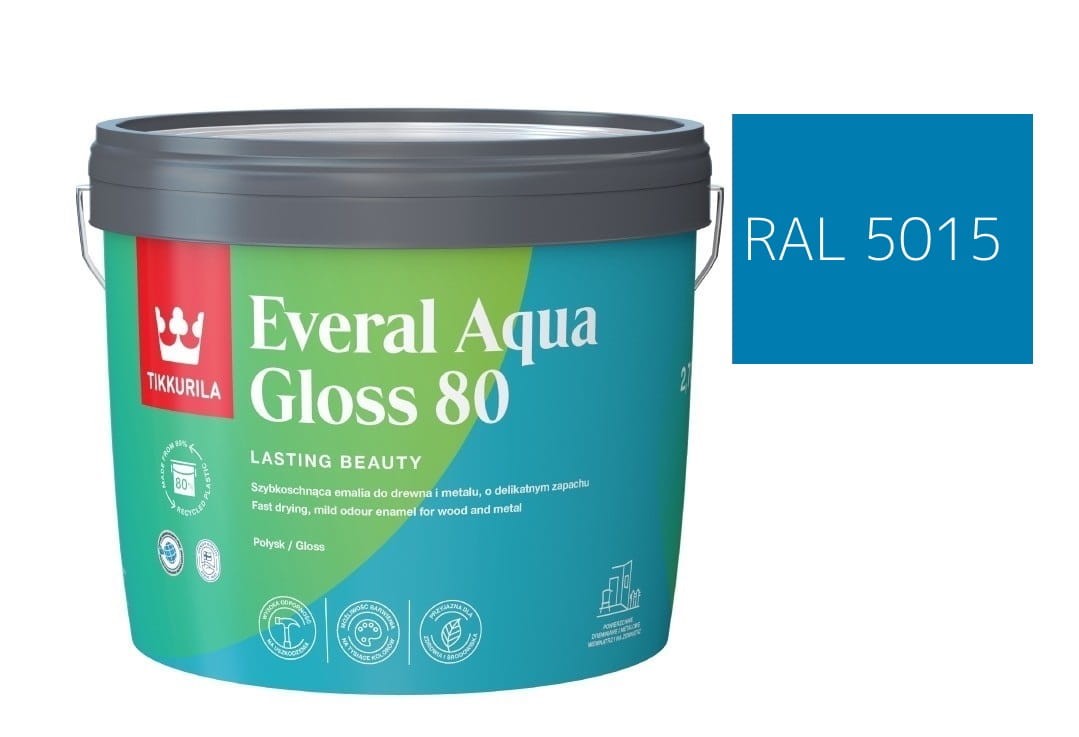 TIKKURILA Everal Aqua Gloss [80] 2,7l Połysk KOLOR NIEBIESKI ŚREDNI RAL 5015