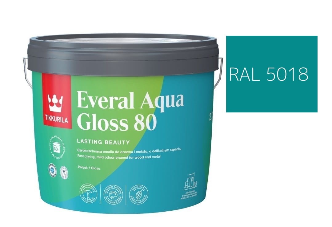 TIKKURILA Everal Aqua Gloss [80] 2,7l Połysk KOLOR TURKUSOWY RAL 5018