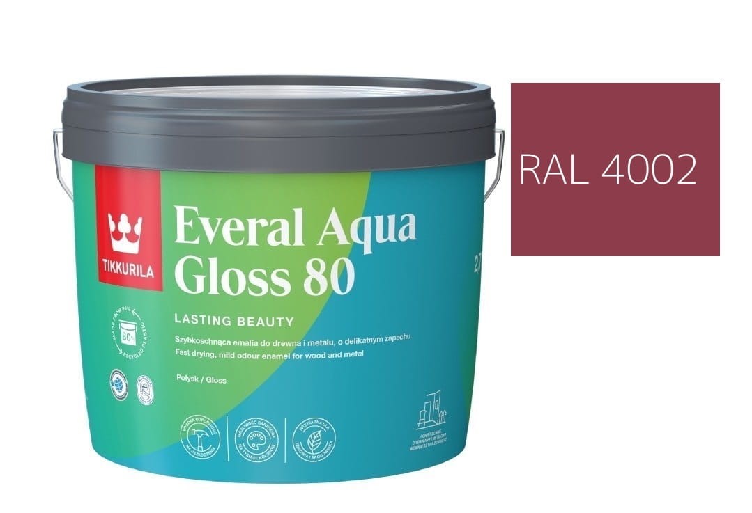 TIKKURILA Everal Aqua Gloss [80] 2,7l Połysk KOLOR FIOLETOWO CZERWONY RAL 4002