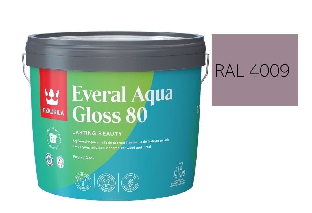 TIKKURILA Everal Aqua Gloss [80] 2,7l Połysk KOLOR FIOLETOWY PASTELOWY RAL 4009