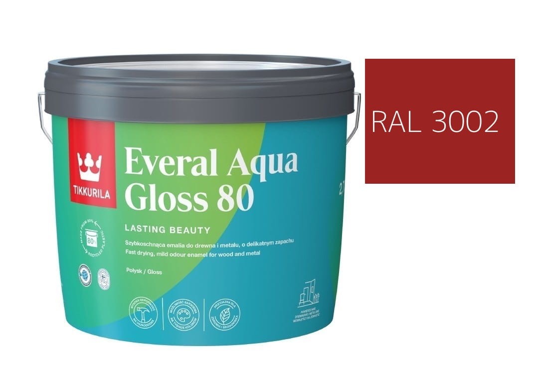 TIKKURILA Everal Aqua Gloss [80] 2,7l Połysk KOLOR CZERWONY KARMINOWY RAL 3002