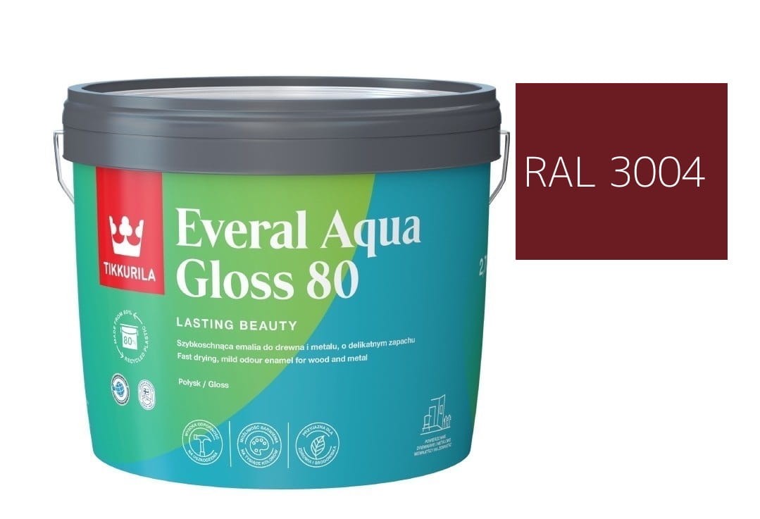 TIKKURILA Everal Aqua Gloss [80] 2,7l Połysk KOLOR CZERWONY PURPUROWY RAL 3004