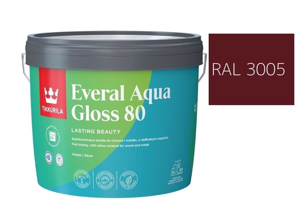 TIKKURILA Everal Aqua Gloss [80] 2,7l Połysk KOLOR CZERWONY WINNY RAL 3005