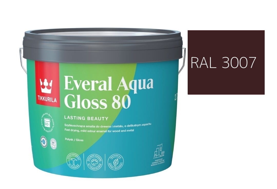 TIKKURILA Everal Aqua Gloss [80] 2,7l Połysk KOLOR CZARNO CZERWONY RAL 3007