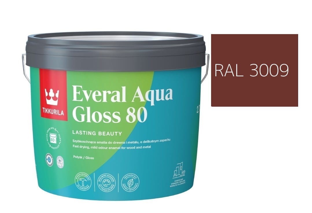 TIKKURILA Everal Aqua Gloss [80] 2,7l Połysk KOLOR CZERWONY TLENKOWY RAL 3009