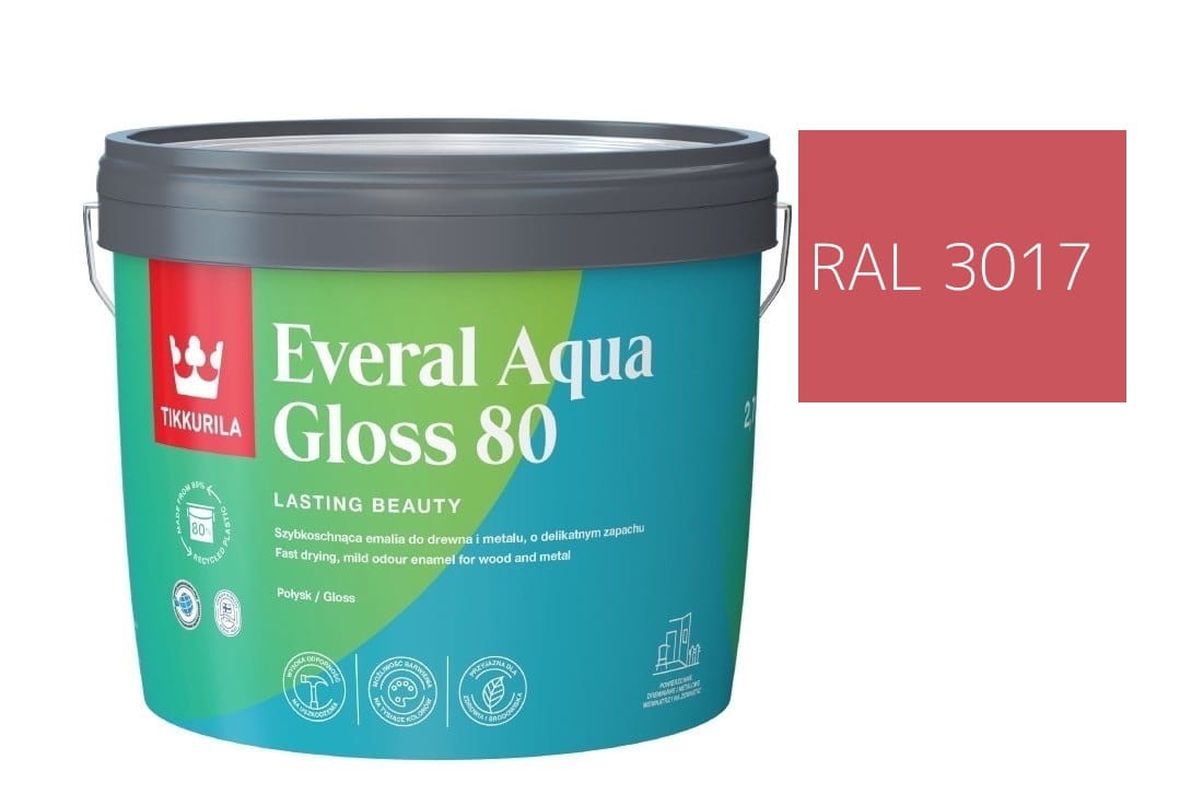TIKKURILA Everal Aqua Gloss [80] 2,7l Połysk KOLOR CZERWONO RÓŻOWY RAL 3017