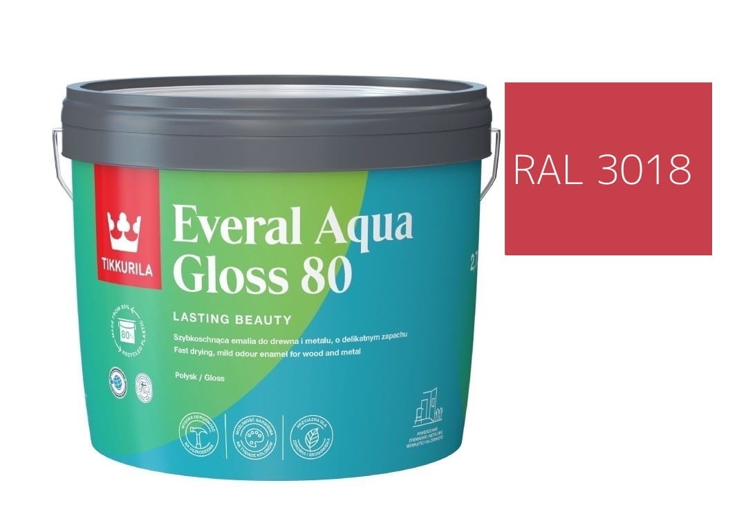 TIKKURILA Everal Aqua Gloss [80] 2,7l Połysk KOLOR CZERWONO TRUSKAWKOWY RAL 3018