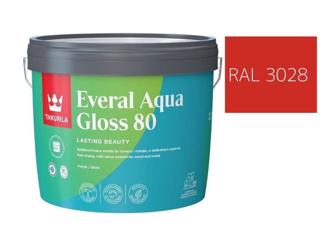 TIKKURILA Everal Aqua Gloss [80] 2,7l Połysk KOLOR CZERWONY CZYSTY RAL 3028