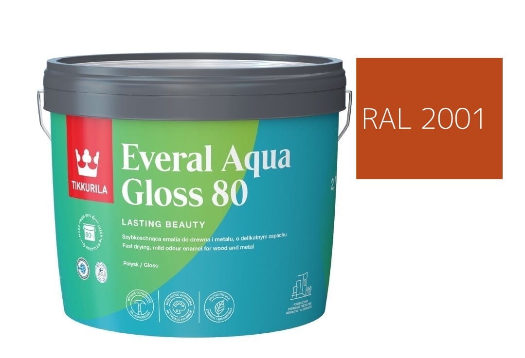 TIKKURILA Everal Aqua Gloss [80] 2,7l Połysk KOLOR POMARAŃCZOWO CZERWONY RAL 2001